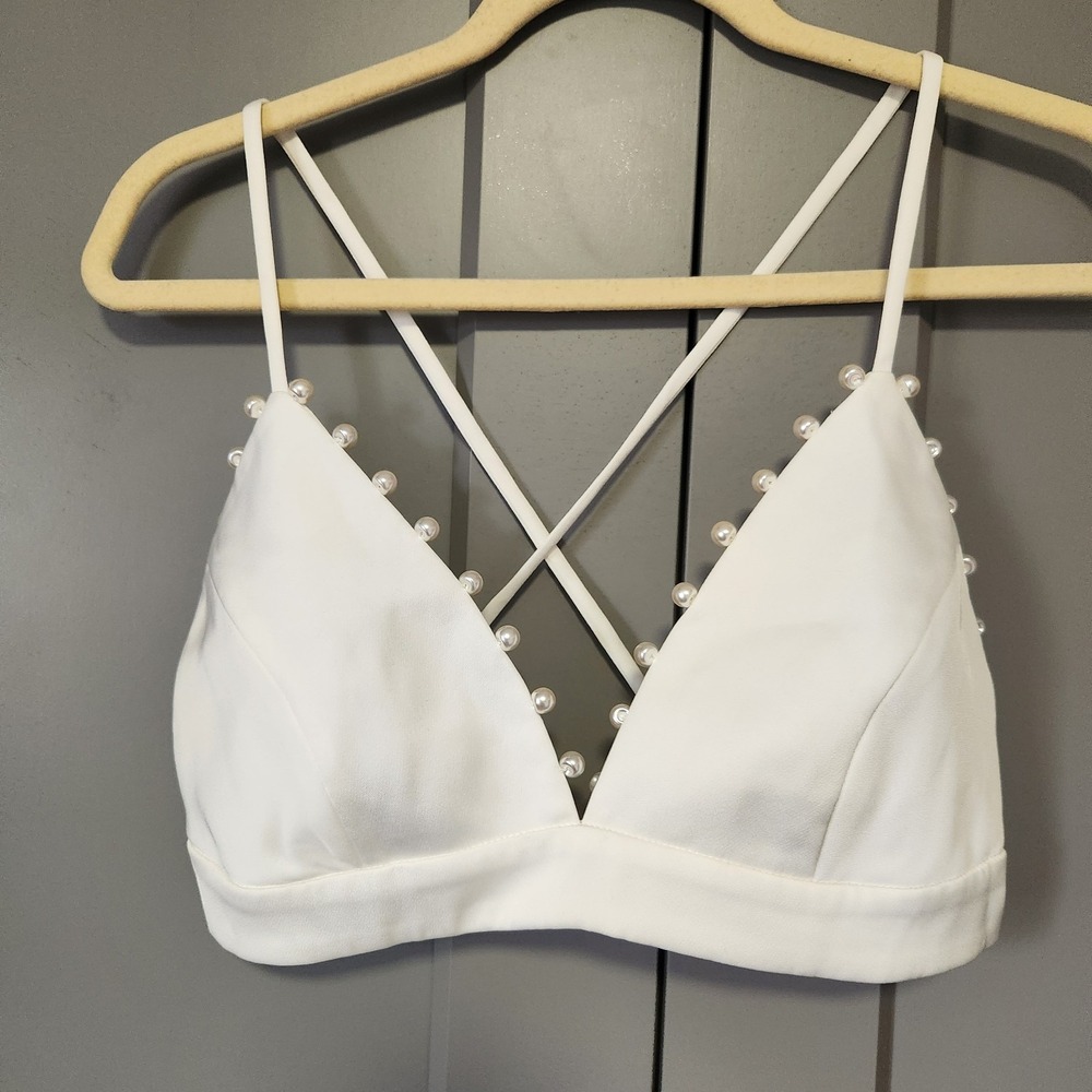 Nadine Merabi Charlotte Bra Top White M Medium Pearl Embellished Cross Back Crop
